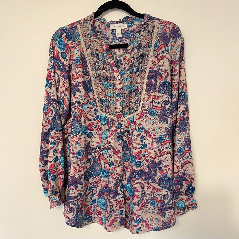 Vintage America Blouse Paisley Boho Long Sleeve Button Up Viscose Sz M